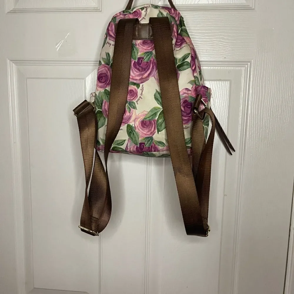 Juicy Couture Nylon mauve roses and green leaf prints mini backpack brown trims.